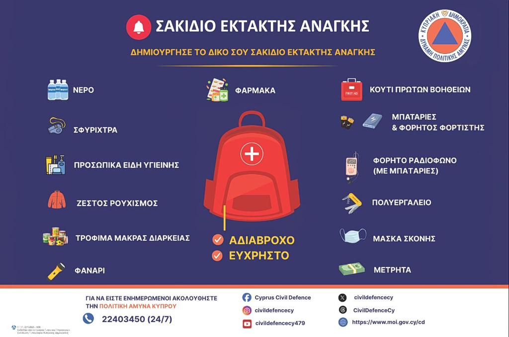 Οδηγός επιβίωσης από το ΥΠΕΣ Κύπρου: Τι πρέπει να περιέχει το Σακίδιο Έκτακτης Ανάγκης